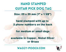 Load image into Gallery viewer, Spooky guitar pick dog id tag, hand stamped with bats, skull and cobwebs