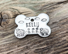Load image into Gallery viewer, Bone dog id tag, handstamped with flowers and sheep