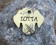Load image into Gallery viewer, Dog head pet id tag, hand-stamped with flowers