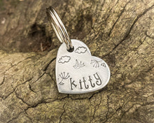 Load image into Gallery viewer, Small heart pet tag, Aluminum heart with bird and cloud design