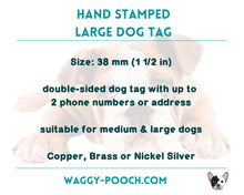 Load image into Gallery viewer, Large pet id tag, hand stamped with trees, mountains, moon & stars