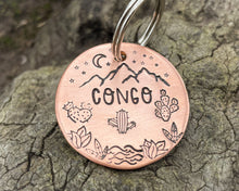 Load image into Gallery viewer, Mountain dog tag, hand-stamped with river, cactus and stars