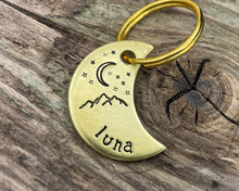 Load image into Gallery viewer, Moon cat tag, mini moon pet id tag with mountain and star design