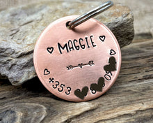 Load image into Gallery viewer, Dog id tag, hand stamped with phone number & hearts