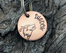 Load image into Gallery viewer, Small dog id tag, hand stamped with wolf head