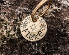 Load image into Gallery viewer, Christmas cat tag, hand stamped with snowflakes