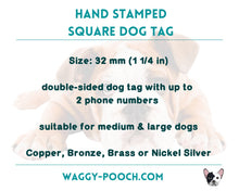 Load image into Gallery viewer, Hunting dog tag, hand stamped square girl dog tag with antlers, pine cone and leaf design, double-sided pet id tag with 2 phone numbers