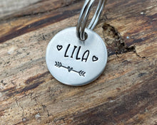 Load image into Gallery viewer, Cat name tag, hand stamped with hearts