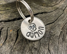 Load image into Gallery viewer, Skull cat name tag, hand stamped with skull