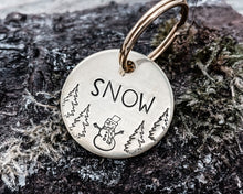 Load image into Gallery viewer, Christmas dog tag, small pet tag with snowman and trees