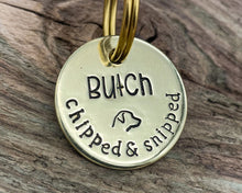 Load image into Gallery viewer, Microchipped dog tag, hand stamped with 'chipped & snipped'