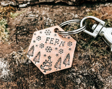 Load image into Gallery viewer, Hexagon dog tag, hand stamped with Christmas design & snowflakes
