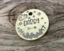 Load image into Gallery viewer, Microchipped dog tag, hand stamped with crown and phone number