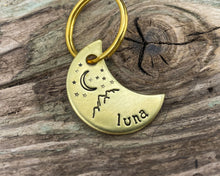 Load image into Gallery viewer, Moon cat tag, mini moon pet id tag with mountain and star design