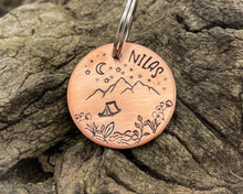 Load image into Gallery viewer, Mountain dog tag, hand-stamped with river, tent and stars