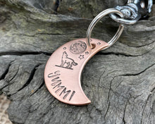 Load image into Gallery viewer, Moon dog tag, hand-stamped with howling wolf & moon