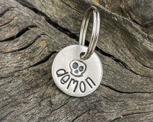 Load image into Gallery viewer, Skull cat name tag, hand stamped with skull