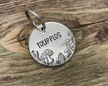 Load image into Gallery viewer, Fall dog tag, hand stamped with mushrooms, leaves and pine cone