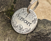 Load image into Gallery viewer, Spooky dog tag with cobwebs, spiders and pumpkins