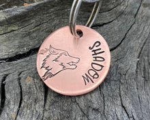 Load image into Gallery viewer, Small dog id tag, hand stamped with wolf head