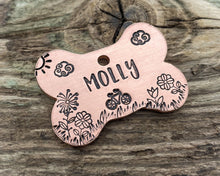 Load image into Gallery viewer, Bone dog tag with bike & flowers