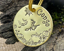 Load image into Gallery viewer, Halloween dog tag with cobwebs and witch