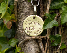 Load image into Gallery viewer, Dog id tag, hand stamped with wolf head, mountains & star design