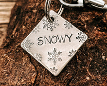 Load image into Gallery viewer, Christmas dog id tag, square pet tag hand stamped with snowflake design