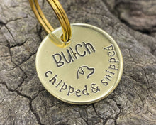 Load image into Gallery viewer, Microchipped dog tag, hand stamped with 'chipped & snipped'