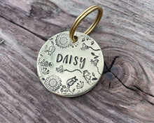 Load image into Gallery viewer, Flower dog tag, hand stamped pet id tag with cute flower and bee design