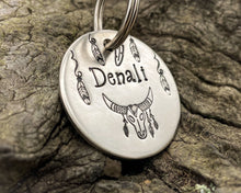 Load image into Gallery viewer, Boho dog tag, hand stamped with longhorn and feathers