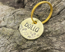 Load image into Gallery viewer, Cute cat name tag, hand stamped leaf and flower design
