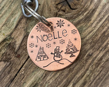 Load image into Gallery viewer, Christmas dog id tag, hand stamped with snowman and cabin