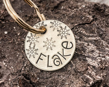 Load image into Gallery viewer, Christmas cat tag, hand stamped with snowflakes
