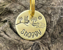 Load image into Gallery viewer, Small dog id tag, hand stamped with bunny and palm trees