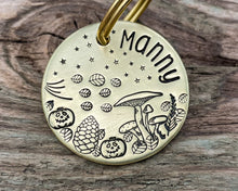 Load image into Gallery viewer, Hand stamped dog id tag with mushrooms and spooky pumpkins