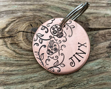 Load image into Gallery viewer, Sugar skull dog tag with leaf design