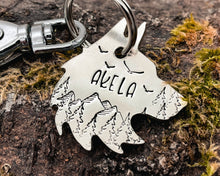 Load image into Gallery viewer, Wolf head dog tag, hand stamped metal dog tag with mountains & trees