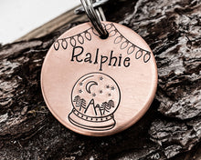 Load image into Gallery viewer, Christmas dog tag, hand stamped with snow globe