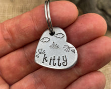 Load image into Gallery viewer, Small heart pet tag, Aluminum heart with bird and cloud design