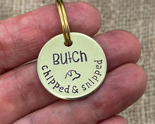 Load image into Gallery viewer, Microchipped dog tag, hand stamped with 'chipped & snipped'