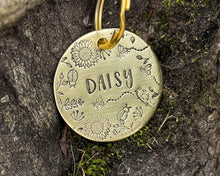 Load image into Gallery viewer, Flower dog tag, hand stamped pet id tag with cute flower and bee design