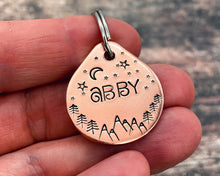 Load image into Gallery viewer, Small dog tag, tear drop pet id tag with mountain and tree design, 2 phone numbers