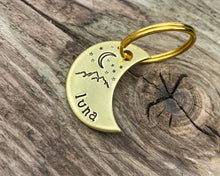 Load image into Gallery viewer, Moon cat tag, mini moon pet id tag with mountain and star design