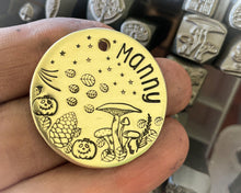 Load image into Gallery viewer, Hand stamped dog id tag with mushrooms and spooky pumpkins