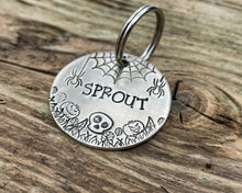 Load image into Gallery viewer, Spooky dog tag with cobwebs, spiders and pumpkins
