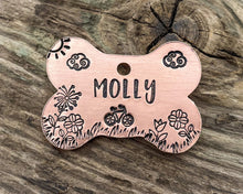 Load image into Gallery viewer, Bone dog tag with bike & flowers