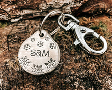 Load image into Gallery viewer, Christmas dog tag, tear drop pet id tag with snowflake design, up to 2 phone numbers