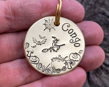 Load image into Gallery viewer, Halloween dog tag with cobwebs and witch