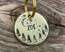 Load image into Gallery viewer, Tree dog tag, hand-stamped with moon and stars